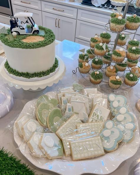 Golf Themed Fourth Birthday, Par Tee Theme, Golf Party Cupcakes, Masters Party Dessert, Hole In One Golf Cake, Golf Theme Dessert Table, Master Themed Birthday Party, Golf Cookies First Birthday, Golf Birthday One Year Old