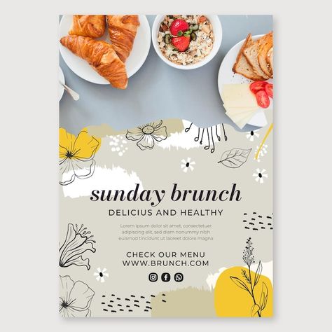 Free vector brunch flyer template with p... | Free Vector #Freepik #freevector #eat #brunch-flyer #eating-food #delicious Brunch Flyer, Cheap Breakfast, Company Banner, Cafe Posters, Catering Business, Eating Food, Brunch Party, Business Card Maker, Flyer Maker