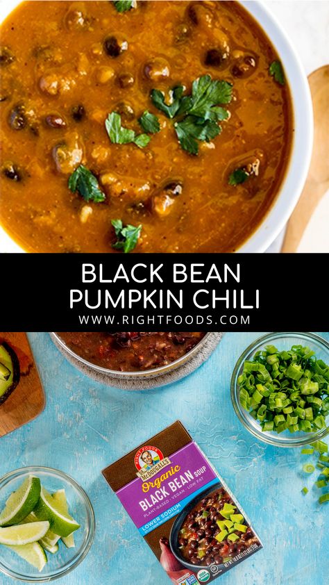 This super easy recipe combines our Organic Black Bean Soup and pumpkin puree, plus a couple extra spices to create a tasty black bean pumpkin chili. Pumpkin And Black Bean Soup, Pumpkin Black Bean Soup, Pumpkin Black Bean Chili, Black Bean Pumpkin Chili, Healthy Chili Recipe, Chili Recipe Healthy, Pumpkin Puree Recipes, Healthy Chili, Black Bean Recipes