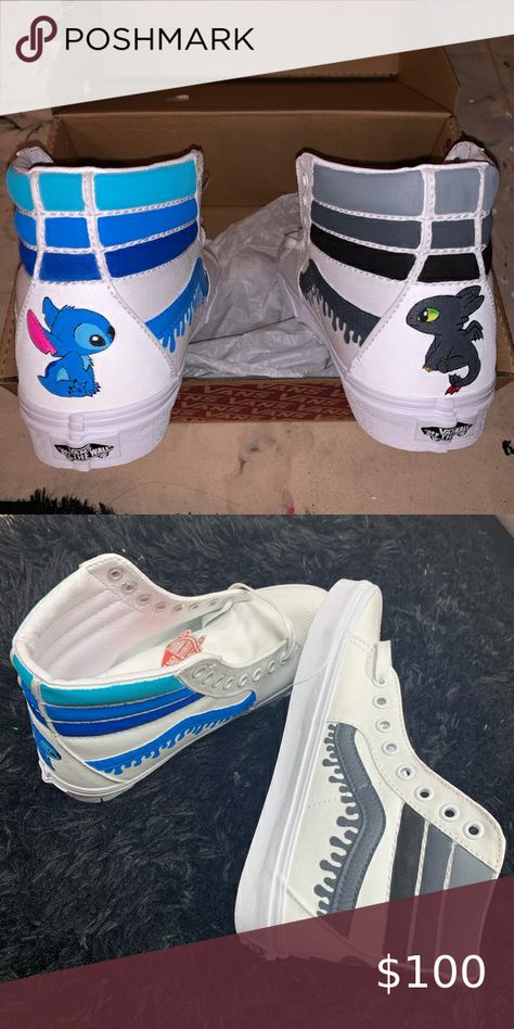 Stitch & Toothless Custom Shoes Shoe Painting Ideas Vans High Tops, Shoe Painting Ideas Vans, Custom High Top Vans, White Hightop Vans, Custom Adidas Superstar, Stitch Toothless, White Vans Shoes, Puma High Tops, Shoe Painting