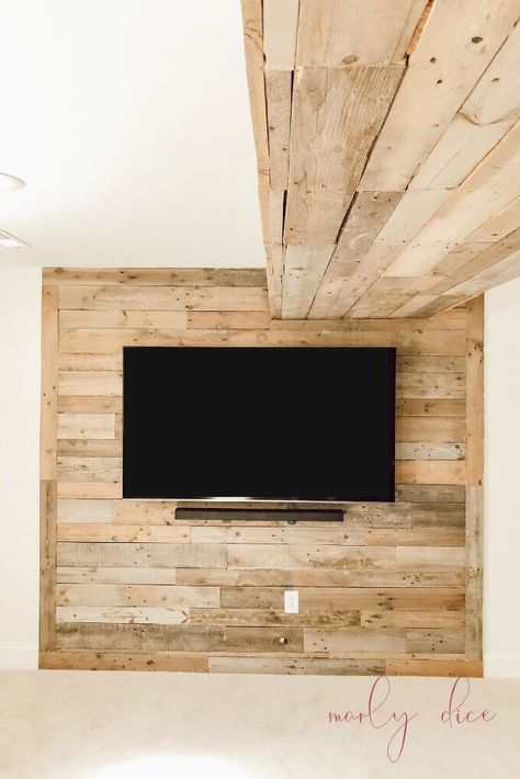 Stained Shiplap Wall, Pallet Tv Wall, Stained Shiplap, Herringbone Headboard, Custom Bed Frame, Tv Gallery Wall, Bedroom Makeover Diy, Pallet Tv, Pallet Frames