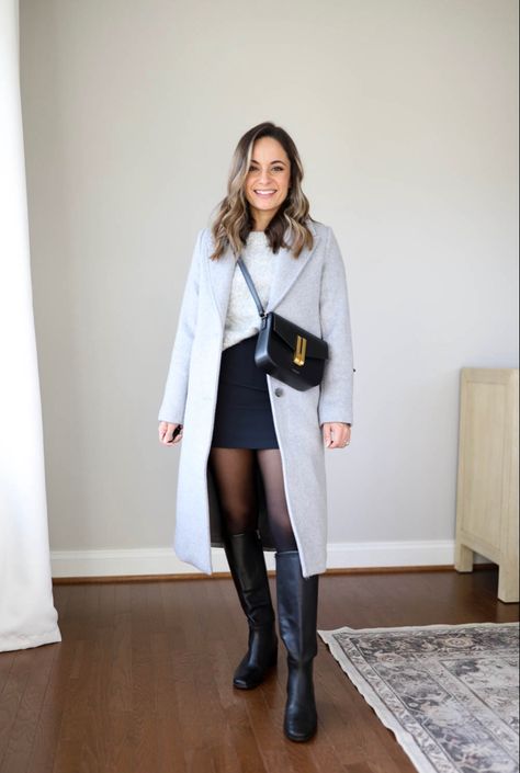 Gray Long Coat Outfit, Light Gray Coat Outfit, Gray Peacoat Outfit, Gray Skirt Outfit Winter, Cloudy Outfit, Gray Coat Outfit, Grey Coat Outfit Winter, Winter Outfits Petite, Outfits Tights