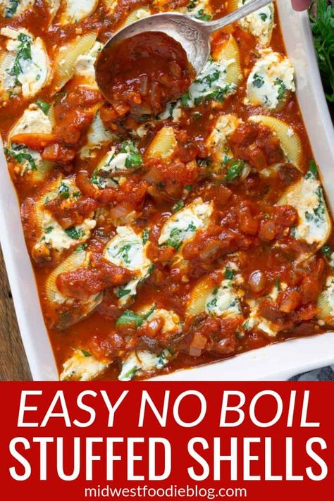 No Boil Cheese & Spinach Stuffed Shells | Midwest Foodie | The secret to getting this Sunday night dinner worthy meal on the table any day of the week is that you don't boil the jumbo shells! #midwestfoodie No Boil Pasta, Baked Stuffed Shells, Easy Stuffed Shells, Jumbo Shells, Ricotta Stuffed Shells, Sunday Night Dinner, Spinach Stuffed Shells, Stuffed Shells Ricotta, Cheese Stuffed Shells