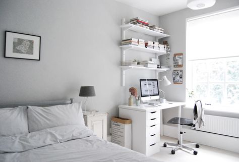 Before and after: the transformation of a dull spare room in a London flat into a calm, relaxed guest room and home office Spare Room Office, Bedroom Office Combo, Spare Bedroom Office, Guest Room Office Combo, Guest Bedroom Home Office, Office Guest Bedroom, Guest Bedroom/office, Home Office Makeover, Home Office/guest Room