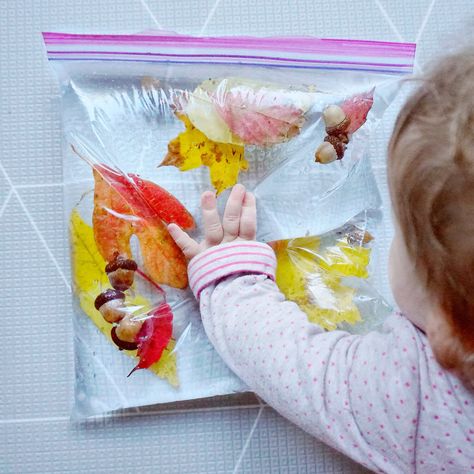 Sensory Leaf Activities, Infant Leaves Activities, Infants Fall Activities, Leaf Sensory Bags, Sensory Bags Fall, Fall Sensory Bags For Infants, Fall Sensory Play For Toddlers, Autumn Sensory Bags, Autumn Babies Activities