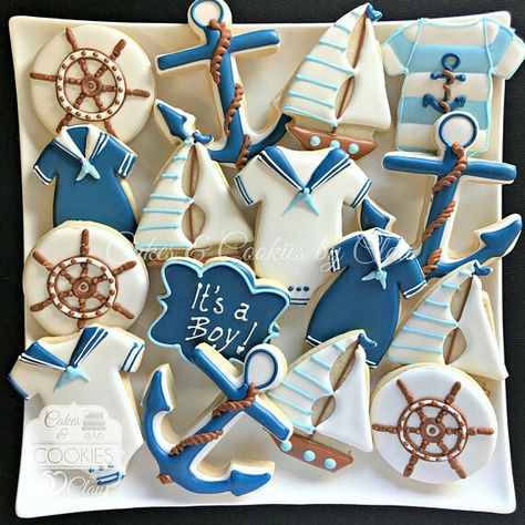 Nautical Baby Shower Boy, Ahoy Its A Boy, Trendy Baby Shower Ideas, Baby Shower Decorations For Boys, Baby Cookies, Nautical Baby Shower, Boy Decor, Shower Bebe, Nautical Baby