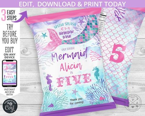 Mermaid Chip Bags, Snack Treat Bags, Mermaid Favor, Barbie Mermaid, Mermaid Theme Birthday Party, Mermaid Party Favors, Mini Chips, Mermaid Theme Birthday, Snack Treat