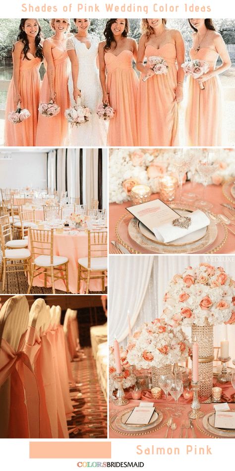 9 Prettiest Shades of Pink Wedding Color Ideas - ColorsBridesmaid Shades Of Pink Wedding, Salmon Wedding, Peach Wedding Theme, Peach Pink Wedding, Coral Wedding Colors, Peacock Wedding Cake, Romantic Wedding Colors, Pink Wedding Colors, Wedding Color Combos