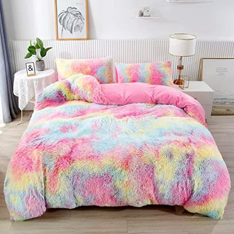 Soft Long Hair, Faux Fur Bedding, Tie Dye Bedding, Rainbow Bedding, Gorgeous Bed, Velvet Bedding Sets, Colorful Bedding, Velvet Duvet, Fluffy Bedding