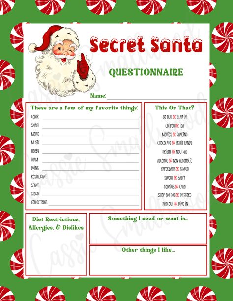 Vintage Santa Claus and peppermint candy background Secret Santa questionnaires to print out for friends, family and coworkers Office Christmas Gifts Coworkers Secret Santa, Secret Santa Coworkers, Secret Santa Cards Free Printable, Secret Santa Questionnaire For Coworkers Free Printable Free, Secret Santa Sign Up Sheet For Work, Secret Santa Questionnaire For Teens, Secret Santa Form Free Printable, Secret Santa Questionnaire For Coworkers Free Printable, Secret Santa Questionnaire Free