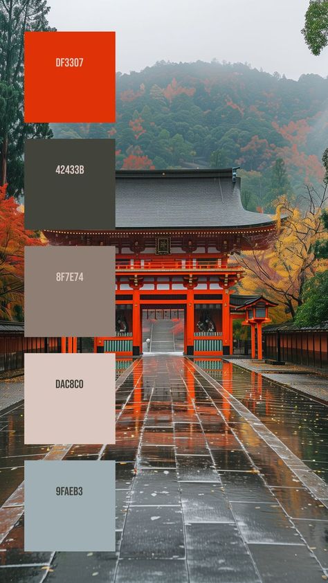 Colors: DF3307 ° 42433B ° 8F7E74 ° DAC8C0 ° 9FAEB3 Traditional Japanese Shrine, Japanese Color Palette, Bathroom Color Palette, Japanese Shrine, Color Design Inspiration, Torii Gate, Japanese Colors, Color Palate, Model Paint