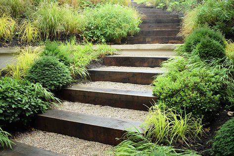 Charlotte Rowe, Lake Landscaping, Landscape Stairs, Landscape Steps, Sloped Yard, Pathway Landscaping, Garden Stairs, Hillside Landscaping, Outdoor Steps