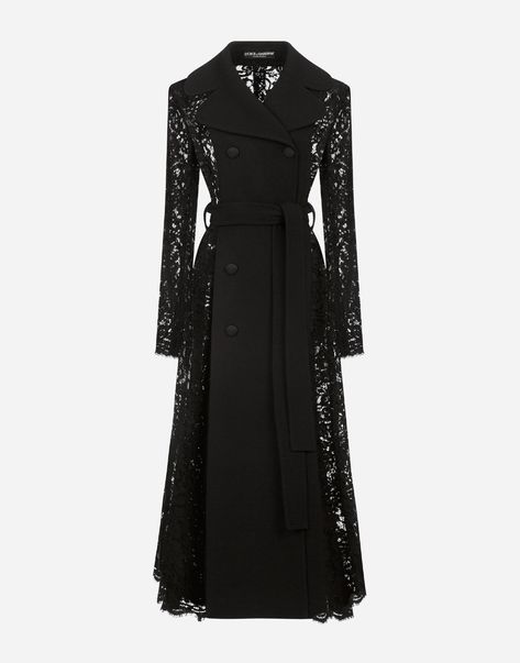 Belted double-breasted crepe and lace coat Abaya Noir, Dolce Gabbana Belt, Lace Coat, Long Black Coat, Langer Mantel, Dolce E Gabbana, Abayas Fashion, Double Breasted Coat, Dolce & Gabbana