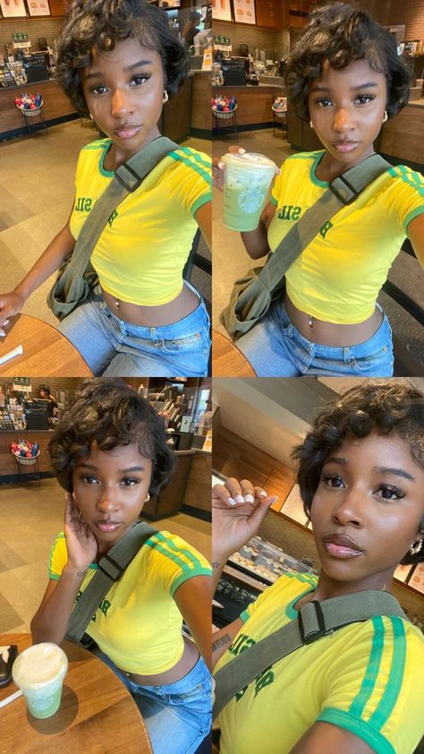 ˚୨୧⋆ @bella2angel Jaida Bunni Aesthetic, Short Curly Hair Outfits Summer, Pixie Fashion Outfits, Jaidabunni Outfits, Pixie On Black Women, Short Hair Outfits Black Women, Jaida Bunni Outfits, Relaxed Pixie Cut, Pixie Cut Black Women Natural Hair