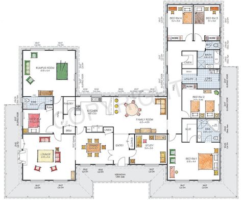 Hi! Today I have this wonderful u-shaped floor plan for you. It’s got four bedrooms, three bathrooms (including two ensuites), guest room, study and rumpus room, and it is ideal for acreage. The u-shape on the back is perfect for entertaining around a pool or barbecue. Click on the plan to view it larger. Here’s … Cubby House Plans, U Shaped House Plans, L Shaped House Plans, U Shaped Houses, Shaped House, L Shaped House, Unique Floor Plans, Pool House Plans, 4 Bedroom House Plans