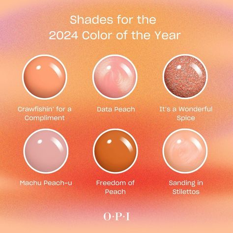 Channeling the essence of Pantone Color of the Year 2024: Peach Fuzz 🍑✨ Whether it's velvety and soft, fresh and juicy, or tender and subtly sensual, this shade unlocks a spectrum of emotions. 🍭 #peachfuzzinspiration #coloroftheyear2024 #opipeachhues #nailcolorstory #findyourperfectpeach #opiobsessed #opilovers #nailpolishaddict #manimagic #opinails #polishperfection #nailenvy #colorfulnails #nailartinspo #opicolors #nailgoals #nailinspiration Opi Peach Colors Gel, Opi Peach Colors, Opi Nail Polish Colors 2024, Opi Peach Nail Polish, Peach Fuzz Nail Color, Pedicure Colors 2024, Opi Spring 2024, Opi Gel Polish Colors Spring 2024, Peach Fuzz Nails