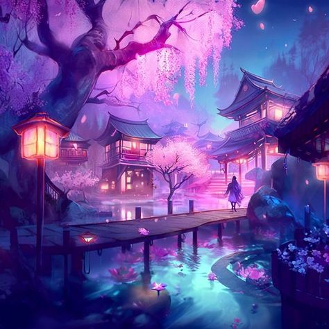 Purple Anime Landscape, Genshin Places, Japanese Temple Drawing, Purple Sakura, Purple World, Window Background, Purple Anime, Purple City, Pixel Art Landscape