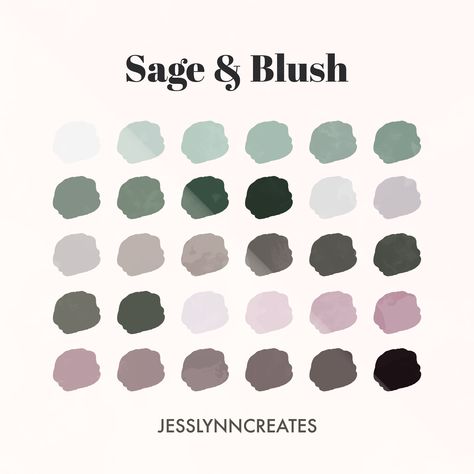 Sage + Blush Palette This Procreate palette contains 30 colour swatches of sage greens, dusty pinks and slate grays - a great pastel palette for your awesome designs. PLEASE NOTE: - This is a DIGITAL PRODUCT and no physical items will be shipped. - This palette will ONLY work in the Procreate app - they are not compatible with Photoshop or other software. - This palette MAY be used to create products for personal and commercial purposes.  - You MAY NOT resell, alter, copy or share this palette in any way. DO NOT claim this palette as your own.  - As this is a digital product, I do not accept any exchanges or returns.  By purchasing this product, you are agreeing to the above terms. Please contact me if you have any problems with your purchase.  Jess Lynn © 2021 Pale Pink Room, Procreate Palettes, Sage Blush, Procreate Palette, Colour Swatches, Bedroom Redo, Dorm Inspo, Green Pastel, Muted Green