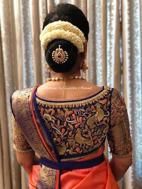 These Brides Show You How To Ace The Flowers Game For A Bridal Bun Hair Style On Saree, Saree Hairstyles, Bridal Sari, Wedding Saree Blouse, Wedding Saree Blouse Designs, Bridal Hair Buns, Indian Wedding Hairstyles, Wedding Blouse Designs, Indian Bride Hairstyle