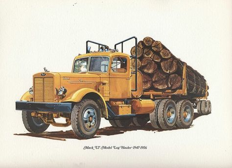 Log Truck Tattoo, Old Truck Drawings, Vintage Truck Drawing, Log Truck, Truck Drawing, Vehicle Illustration, Truck Tattoo, R Model Mack Trucks, Logging Trucks