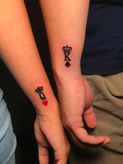 King N Queen Tattoo Couple, King And Queen Tattoo On Hand, King And Queen Wrist Tattoo, Couple Tattoo King And Queen, Queen And King Of Hearts Tattoo, Matching Tattoos Couples King And Queen, Kind And Queen Tattoos, Couples King And Queen Tattoo, King Queen Couple Tattoo