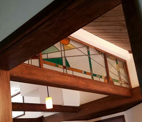 The new stained glass piece in our entryway - hard to photograph at 9 feet wide. Going for mid century modern. Craftsman Stained Glass Door, Mid Century Stained Glass Window, Stained Glass Mid Century Modern, Mid Century Modern Stained Glass Window, Modern Mission Style, Glasgow Flat, Japanese Mid Century Modern, Stained Glass Cabinets, Stairway Ideas