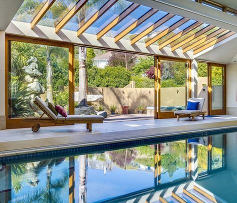 indoor-outdoor swimming pool Skylight Ideas, Backyard Pool House, Indoor Outdoor Pools, Indoor Swimming Pool Design, Indoor Pool Design, Indoor Spa, Piscina Interior, Indoor Pools, Luxury Swimming Pools