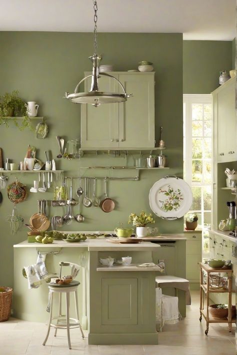 kitchen wall paint, kitchen paint colors, interior wall paint, green kitchen walls Color For Kitchen Walls, Green Kitchen Paint Colors, Apartment Color Palette, Kitchen Wall Paint, Green Kitchen Paint, Green Kitchen Walls, Paint Guide, Paint For Kitchen Walls, 2024 Kitchen