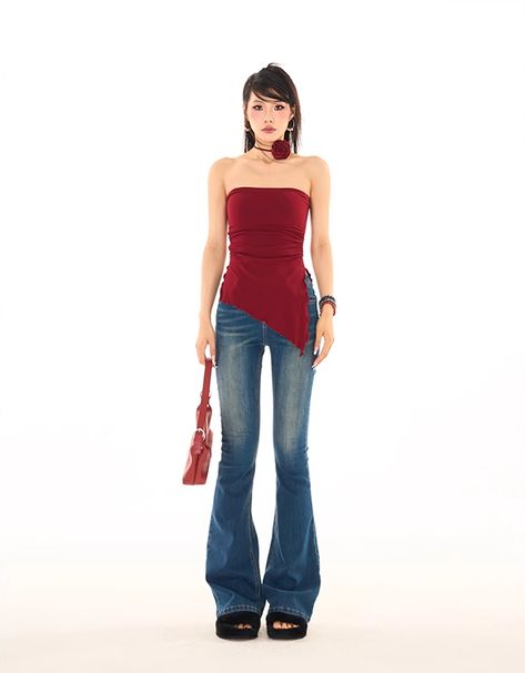 Red Tube Top Outfit, Asymmetrical Top Outfit, Strapless Top Outfit, Asymmetrical Outfit, Red Tube Top, Tube Top Outfits, Truck Festival, Paranoid Android, Flowy Maxi Skirt