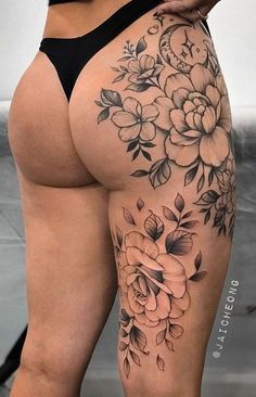 Big Female Tattoos, Woman Hip Tattoo Ideas, Hip Tattoos Women Plus Size, Thigh And Buttock Tattoo, Lower Body Tattoos For Women, Plus Size Hip Tattoo, Bum Cheek Tattoo Women, Bum Tattoos For Women, Side Bum Tattoo