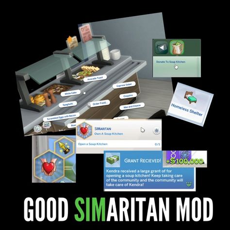 Good SIMaritan Mod! | Patreon Sims 4 Patreon, Soup Kitchen, Homeless Shelter, Cc Sims, Order Food, Custom Content, The Sims 4, The Sims, Sims 4