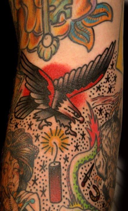 Eagle Filler Tattoo, artist unknown                              … Traditional Tattoo Filler Ideas, Traditional Tattoo Gap Fillers, Traditional Tattoo Sleeve Filler, Traditional Filler, Tattoo Filler Ideas, Traditional Tattoo Filler, Gap Filler Tattoo, American Traditional Sleeve, Tattoo Sleeve Filler