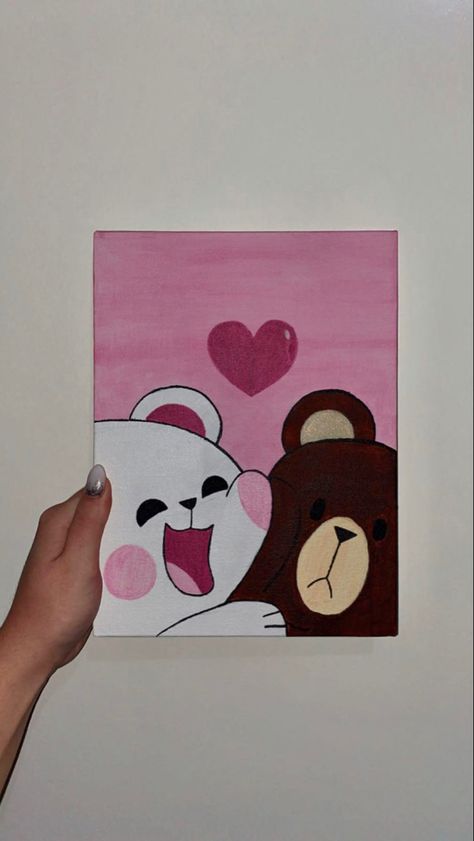 Aesthetic Cute Painting Ideas, Cute Bear Paintings On Canvas, Cute Cartoon Painting Ideas On Canvas, Painting Ideas On Canvas Birthday, Teddy Bear Painting Canvas, Canvas Painting For Sister, Sister Painting Ideas On Canvas, Cute Love Paintings For Him, Cartoon Paintings Easy Canvas