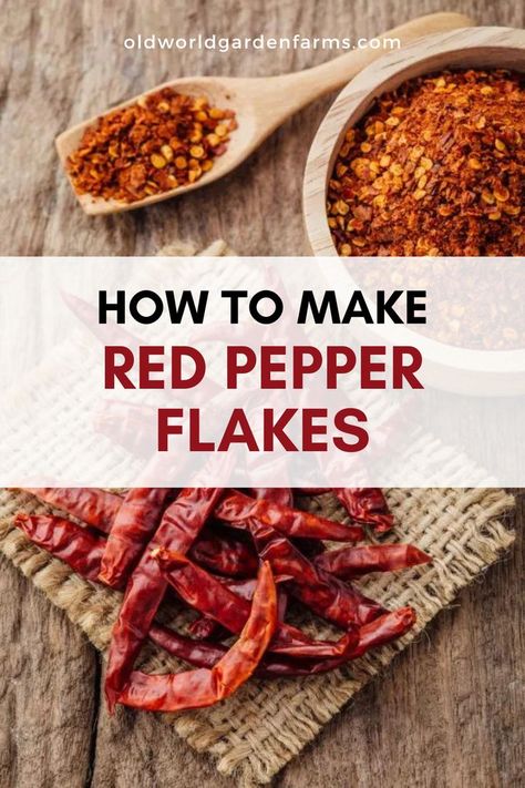 A countertop with a pile of dried red cayenne peppers, a bowl of red pepper flakes, and a wooden spoonful of red pepper flakes. From oldworldgardenfarms.com. Red Pepper Flakes Recipes, Garden Peppers, Types Of Peppers, How To Make Red, Steak And Shrimp, Dried Peppers, Slow Cooker Chili, Hot Peppers, Potato Soup Recipe