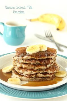 Serve a stack of these dairy free Banana Coconut Milk Pancakes for brunch to start your morning off a little sweeter. Coconut Milk Pancakes, Recipes Using Coconut Milk, Dairy Free Pancake Recipe, Pancakes Dairy Free, Milk Pancakes, Cooking With Coconut Milk, Coconut Milk Recipes, Banana Coconut, Dairy Free Chocolate