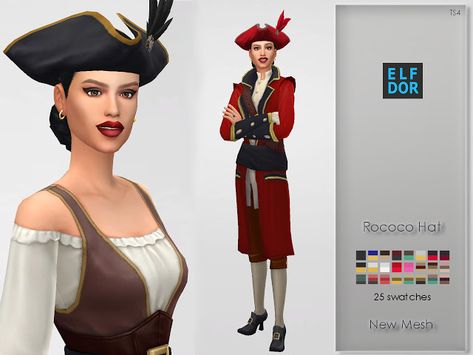 Rococo Hat - ELFDOR Rococo Hat, Sims Historical, Historical Hats, Cc Hats, Pirate Jacket, Pirate Outfit, Pirate Hat, Los Sims, Pirate Hats