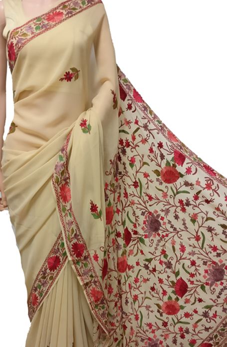 Semi-stitched Floral Embroidered Saree For Spring, Semi-stitched Floral Embroidered Saree In Dola Silk, Luxury Floral Print Saree, Semi-stitched Cotton Silk Pre-draped Saree With Floral Embroidery, Luxury Unstitched Floral Print Saree, Kashmiri Shawls, Embroidery Saree, Trendy Sarees, Work Sarees