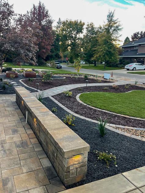 Yard Renovation, Landscape Renovation, Paver Walkway, Front Yard Design, Free Standing Wall, Artificial Turf, Front Yard Garden, Paver Patio, Outdoor Rooms