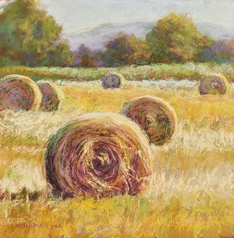 Hay Bale Painting, Farm Paintings, Hay Bales, Farm Art, Landscape Art Painting, Daily Painting, Autumn Painting, Pastel Art, Pastel Painting