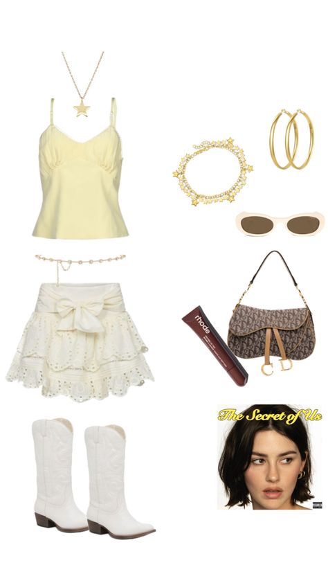 gracie abrams the secret of us tour concert outfit inspo: pastel yellow tank top, white ruffle mini skirt, golde waist chain, white cowboy boots, gold star necklace pendant, gold star bracelet chain, gold hoop earrings, brown dior shoulder bag purse, white and brown tint round glasses Outfit Inspo Pastel, Bracelet Chain Gold, Concert Oufit, White Ruffle Mini Skirt, Concert Outfit Inspo, White Skirt Outfits, Concert Top, Gold Star Necklace, Yellow Mini Skirt