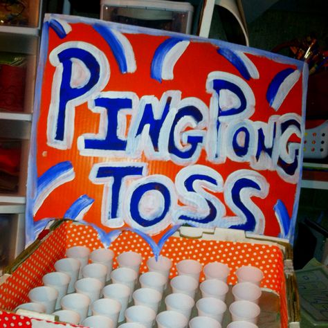 Carnival game - ping pong toss. You could have this as a pre-registration game or after  meals. Ping Pong Toss, Homemade Carnival Games, Fall Festival Games, Carnival Games For Kids, Fall Carnival, Diy Carnival, Festival Games, Harvest Fest, Kids Carnival