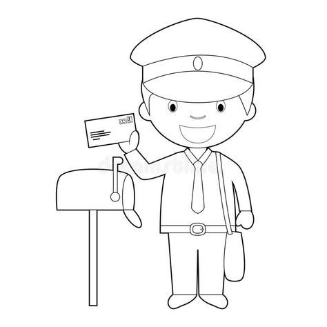 Easy coloring cartoon vector illustration of a postman. Professions for Coloring Series royalty free illustration Occupation Drawing, Postman Drawing, Postman Cartoon, Community Helpers Preschool Crafts, Alice In Wonderland Cartoon, Kindergarten Drawing, Series Illustration, Office Stamps, Community Helpers Preschool