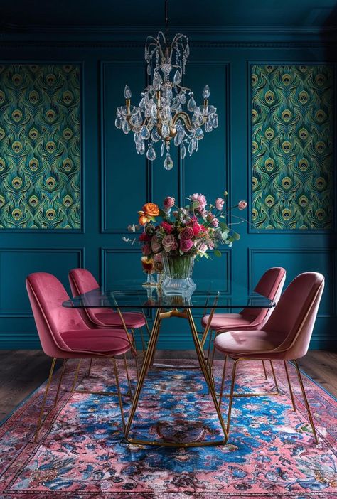 Introducing our Ewing Wallpaper, an exquisite homage to the opulent Art Deco era. This stunning design showcases intricate teal peacock feathers, gracefully fanned out in a rhythmic pattern that evokes the glamour and sophistication of the Roaring Twenties. Perfect for transforming any room into a luxurious haven, and bringing timeless elegance and a touch of vintage charm to your home. 24" Pattern Repeat Yellow And Blue Wall Paint, Peacock Interior Design Inspiration, Farmhouse Maximalist Decor, Pink And Teal Living Room Decor, Teal And Mauve Living Room, Peacock Blue Decor, Moody Dining Room With Wallpaper, Emerald Green And Gold Dining Room, Hollywood Regency Paint Colors