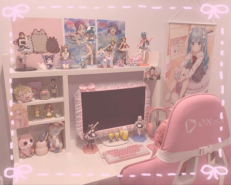 Emo Pc Setup, Cutecore Desk Setup, Kawaii Setup Gaming, Cutecore Gaming Setup, Kawaii Pc Setup, Desk Pc Setup, Pink Workspace, Pink Pc Setup, Kawaii Desk Setup