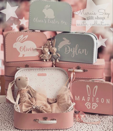 Easter Boxes, Boys Easter Gifts, Personalized Suitcase, Easter Gift Boxes, Personalized Easter Gifts, Big Bunny, Baby Gift Hampers, Easter Items, Flower Gift Ideas