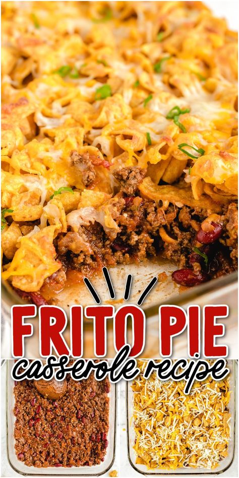 Thick and hearty, with gooey cheese and crunchy Frito corn chips, this easy recipe features bold flavors your family will love. Simple to make, you can have a dish of comfort food on the table in just 30 minutes. Frito Hamburger Casserole, Frito Chili Pie Recipe, Corn Chips Recipe, Frito Pie, Appetizers Easy Finger Food, Beef Casserole Recipes, Hamburger Meat, Hamburger Recipes, Ground Beef Recipes For Dinner