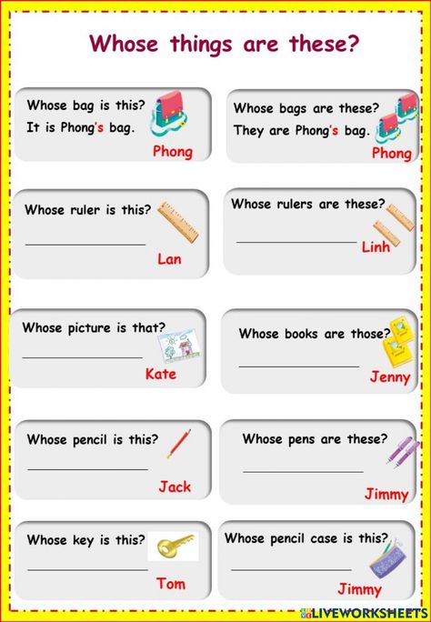 Whose Worksheet, English Structure, Classroom Objects, Esl Kids, English Notes, English Grammar For Kids, Possessive Adjectives, Nouns And Pronouns, Grammar For Kids