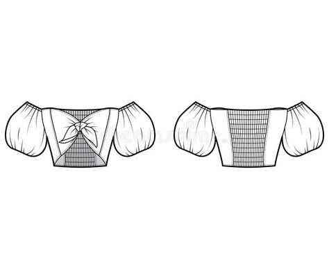 Tie-front cropped off-the-shoulder top technical fashion illustration with bow-detailed front, puffy blouson sleeves royalty free illustration Puff Sleeve Sketch, Sleeves Illustration, Puff Blouse, Fashion Illustration Tutorial, Illustration Tutorial, Flat Pattern, Flats Patterns, Free Illustration, Hand Work