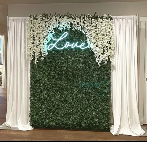 I created this for my friends bridal shower! Grass Backdrop Ideas, Wedding Photobooth Ideas Backdrops Photo Booths, Enchanted Forest Theme Quinceanera, Soap Booth, Wedding Rings Sets His And Hers, Grass Backdrops, Cocktail Wedding Reception, Golden Wallpaper, Flower Wall Wedding