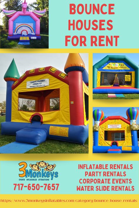 Rent your Central PA bounce houses for rent near me. 3 Monkeys Inflatables has a wide variety of inflatable to choose from. Choose from primary colored bounncy houses, to themed bouncy house rentals, to incredibly big bounce houses for rent. We event have water bounce house rentals, and jumping house for rent in Central PA. Bounce Houses for rent is your best bounce house rental in Central PA. Houses For Rent Near Me, Big Bounce House, Water Bounce House, Castle Bounce House, Jump House, Water Slide Rentals, Big Bounce, Moon Bounce, 3 Monkeys